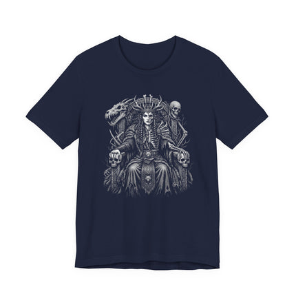 Norse Goddess Hel graphic featuring skulls and skeletal figures in a dark, gothic, Viking style.