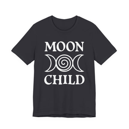 Moon Child celestial t-shirt featuring a triple crescent moon goddess symbol.