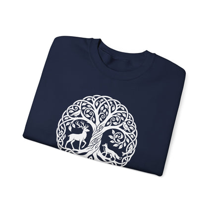 Celtic knotwork sweatshirt featuring the Tree of Life, deer, and fox in a nature forest design.