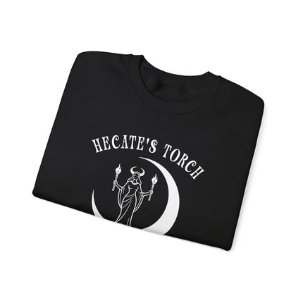 Hecate's Torch Guides Me graphic on a celestial goddess moon witch pagan sweatshirt pullover.