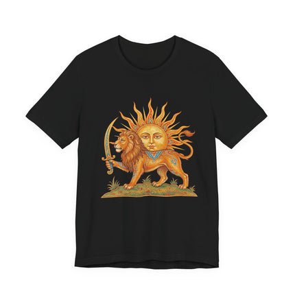 Lion and Sun (Shir-o-Khorshid) Persian symbol graphic on a black t-shirt, representing Iranian heritage.