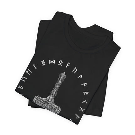 Mjolnir hammer and Norse runes graphic tee featuring Viking mythology art.