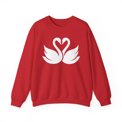 Swans forming a heart graphic on a red romantic pullover sweatshirt.