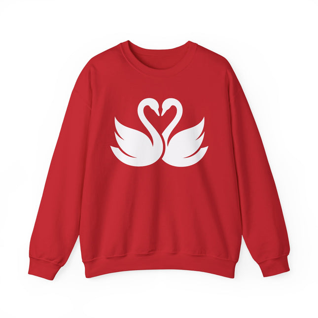 Swans forming a heart graphic on a red romantic pullover sweatshirt.