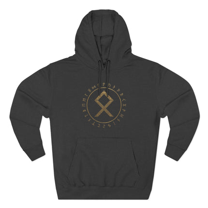 Norse Othala rune circle hoodie featuring Viking Futhark symbols in gold.