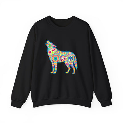 Colorful Huichol art wolf graphic on black sweatshirt. Mexican folk art style, geometric boho pattern.