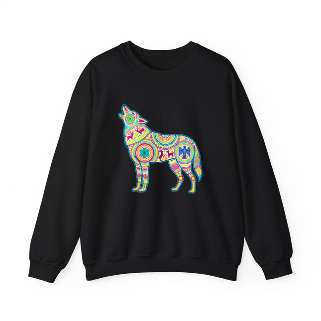 Colorful Huichol art wolf graphic on black sweatshirt. Mexican folk art style, geometric boho pattern.