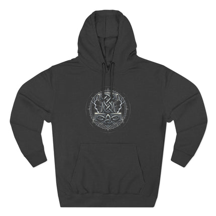 Norse knotwork symbol graphic featuring Thor and Mjolnir on a black Viking hoodie.