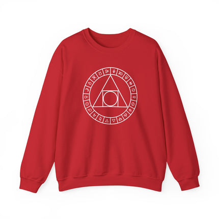 Philosopher's Stone alchemy symbols and sacred geometry print on a unisex pullover sweatshirt.