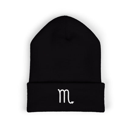Scorpio Symbol Cuffed Beanie | Embroidered White Astrology Glyph