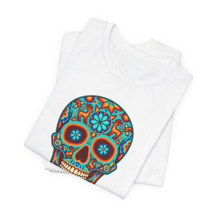Colorful Día de los Muertos sugar skull graphic tee, Mexican folk art calavera design.