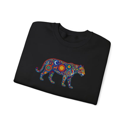 Vibrant Huichol Jaguar art sweatshirt featuring tribal indigenous animal print pullover design.