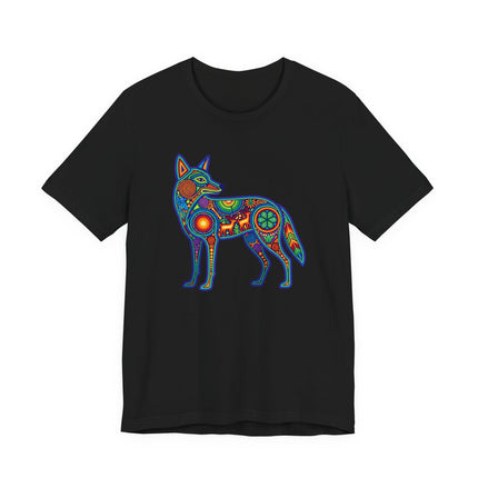 Vibrant Mexican Huichol coyote tribal art graphic tee shirt design.