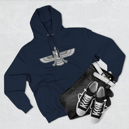 Faravahar Zoroastrian symbol graphic on a deep blue unisex pullover hoodie.