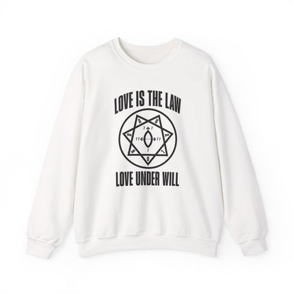 Thelema Babalon Love Is The Law pullover sweatshirt featuring esoteric symbols and text print.