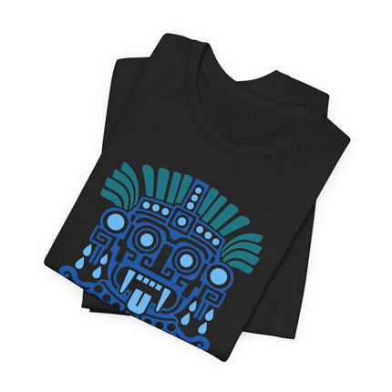 Aztec Tlaloc T-Shirt | Blue Rain God Face with Geometric Details Tee