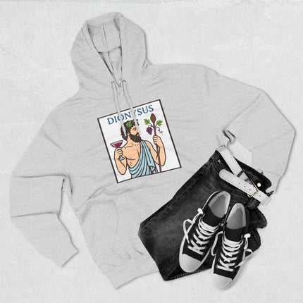 Dionysus, the Greek god of wine, illustration featuring grapes and mythology art on a hoodie.