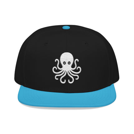 Black snapback cap with white embroidered octopus design and light blue bill.