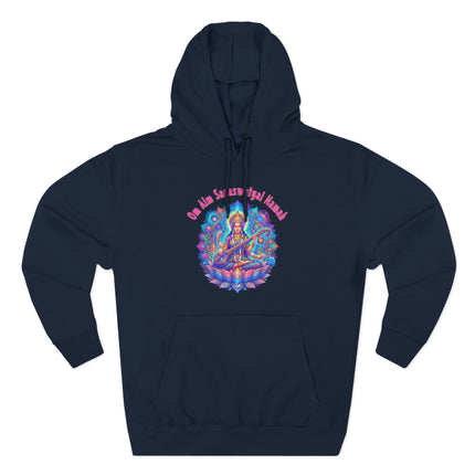 Saraswati Goddess mantra hoodie featuring Om Aim Saraswatyai Namah in colorful mandala art.