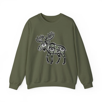 Northwest Coast Formline Art moose graphic on an olive green pullover sweatshirt.