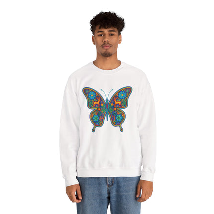 Colorful Huichol butterfly folk art graphic on a white unisex sweatshirt.