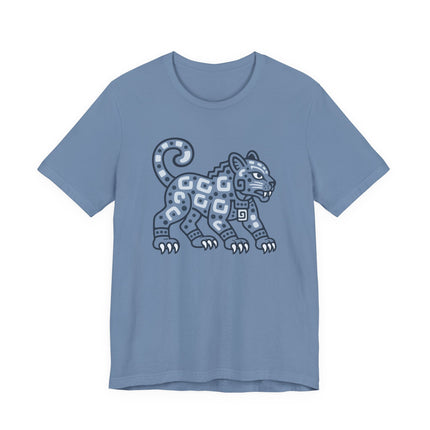 Mayan Jaguar T-Shirt | Teal Walking Cat with Geometric Markings Tee