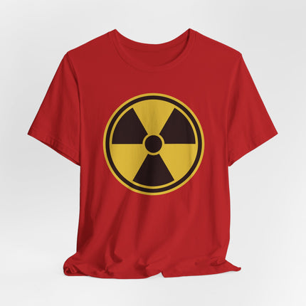 Red t-shirt featuring a yellow and black radioactive hazard symbol graphic.
