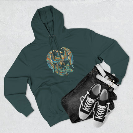 Vibrant Homa Bird phoenix graphic design on a unisex pullover hoodie, featuring mythological art.