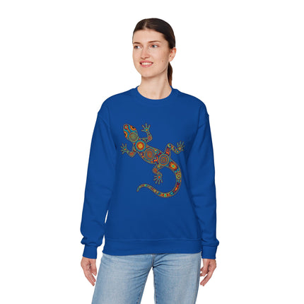 Blue sweatshirt featuring a colorful Huichol tribal art gecko graphic print.