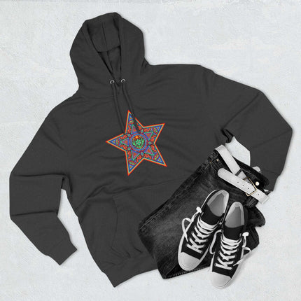 Black hoodie featuring a vibrant Huichol star geometric indigenous art print.