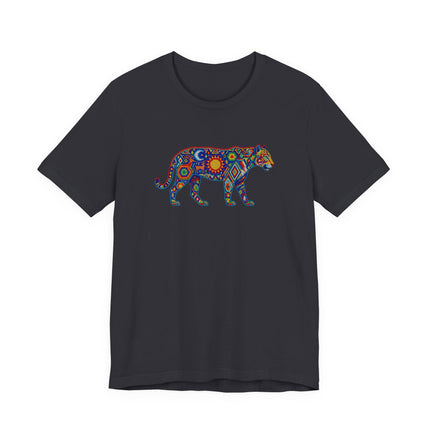 Vibrant mosaic jaguar graphic tee featuring Mexican Huichol folk art and cosmic symbolism.