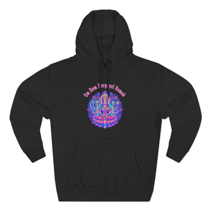 Om Dum Durgayei Namah Durga Goddess mandala print on black spiritual hoodie.