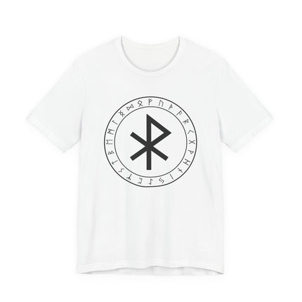 Viking rune t-shirt featuring a protective bind symbol and full Futhark circle design.