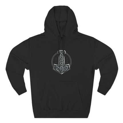 Mjolnir knotwork graphic on a black Norse mythology hoodie.