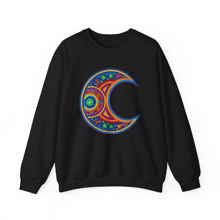 Vibrant mandala crescent moon graphic on a black sweatshirt, inspired by Huichol and celestial art.