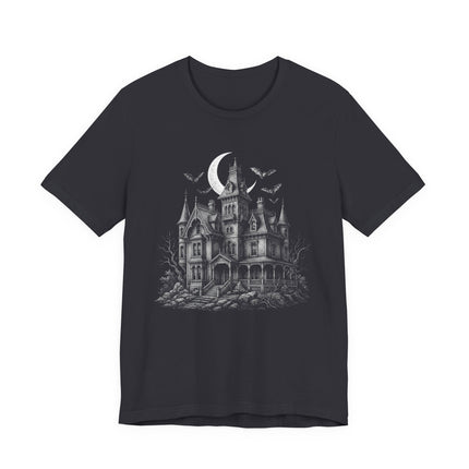Gothic haunted mansion illustration with bats and crescent moon for a spooky Halloween vibe.