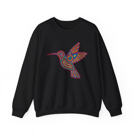 Colorful geometric hummingbird graphic on a black sweatshirt, inspired by Huichol art.