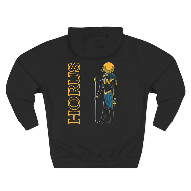 Horus Egyptian god graphic on black hoodie, featuring falcon art and ancient Egyptian mythology.