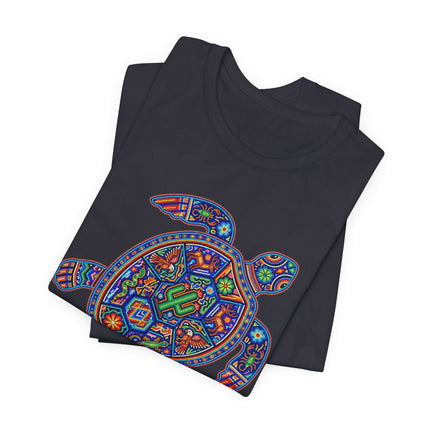 Huichol art graphic tee featuring a vibrant Mexican indigenous turtle design.