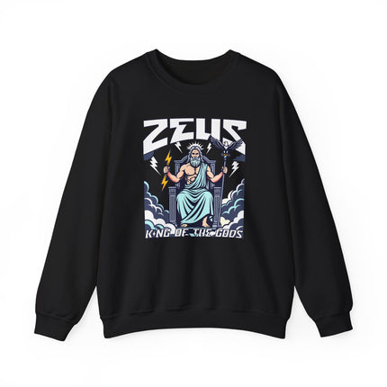 Zeus King of the Gods graphic sweatshirt featuring Greek mythology and lightning bolt art.