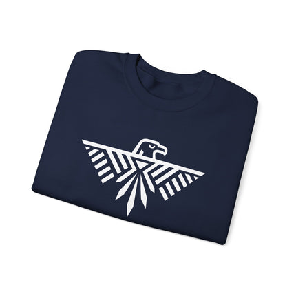 Geometric thunderbird eagle graphic on a navy blue sweatshirt.