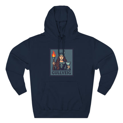Gullveig Norse goddess graphic on a hoodie, featuring a torch and chalice design.