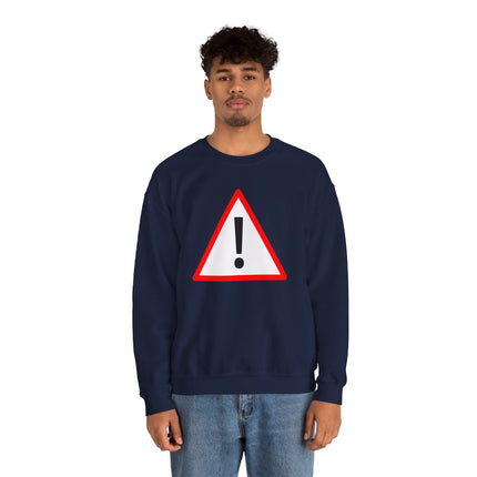 Danger warning sign graphic on a navy blue pullover sweatshirt.