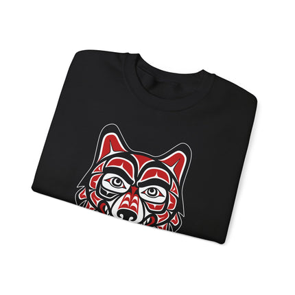 Tribal wolf spirit artwork graphic printed on an indigenous style pullover sweatshirt.