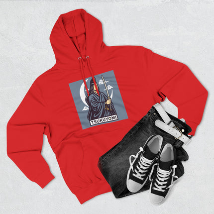 Tsukuyomi Moon God samurai graphic with katana on a red hoodie.