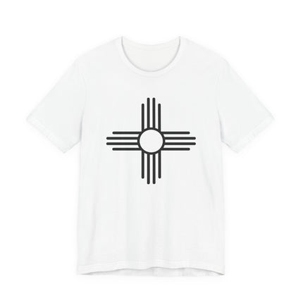 Black Zia Sun Symbol graphic on a white t-shirt.