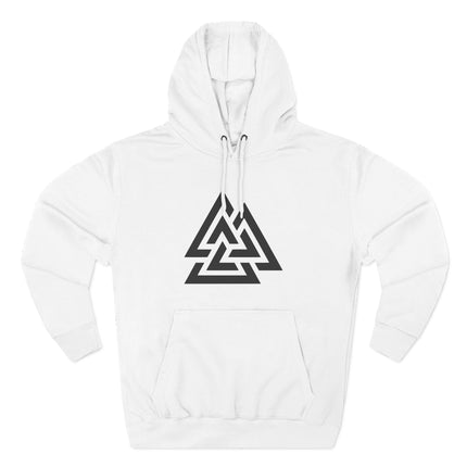 Norse Valknut symbol graphic on a white unisex hoodie.