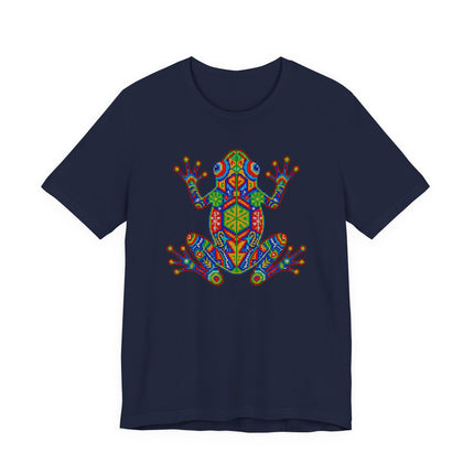 Vibrant Huichol art frog graphic tee featuring colorful Mexican indigenous folk patterns.
