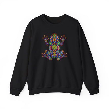 Vibrant Huichol frog art sweatshirt featuring Mexican indigenous geometric patterns.