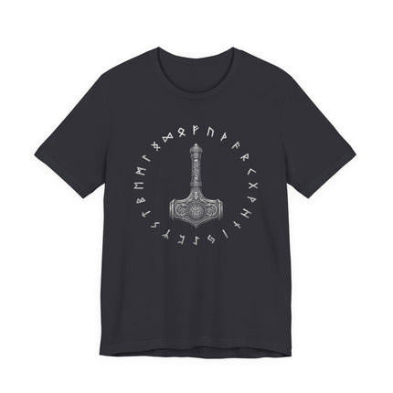 Black t-shirt featuring Mjolnir, Thor's hammer, and surrounding Norse runes design. Viking mythology tee.
